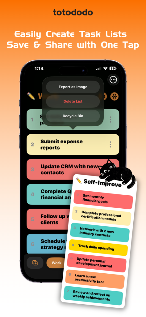 totododo - Totododo mobile app interface showing colorful task lists and a menu with options to export as image or delete list.