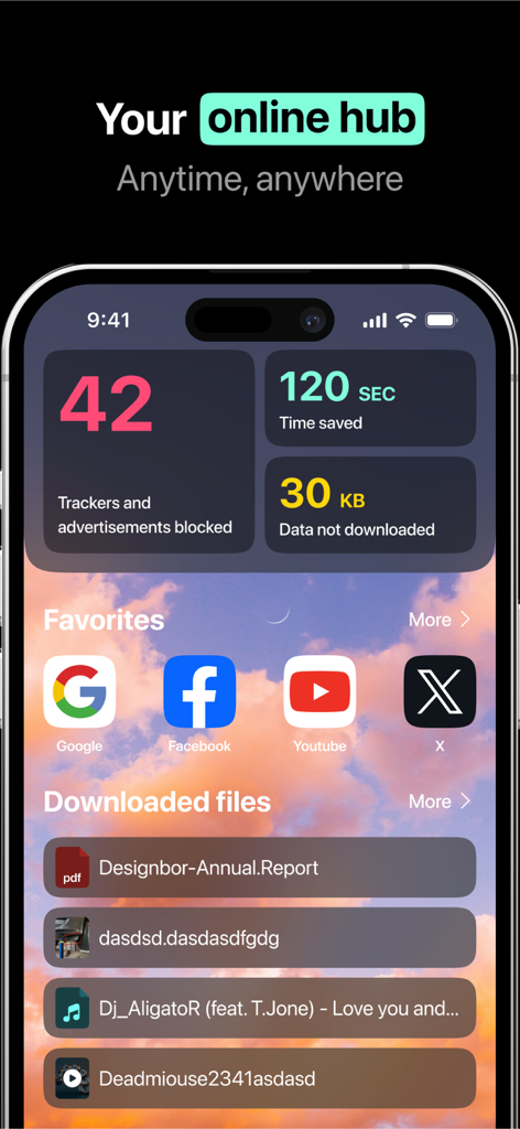 Jet browser - VPN + AdBlock - Painel do Jet Browser exibindo contagem de anúncios bloqueados e arquivos baixados