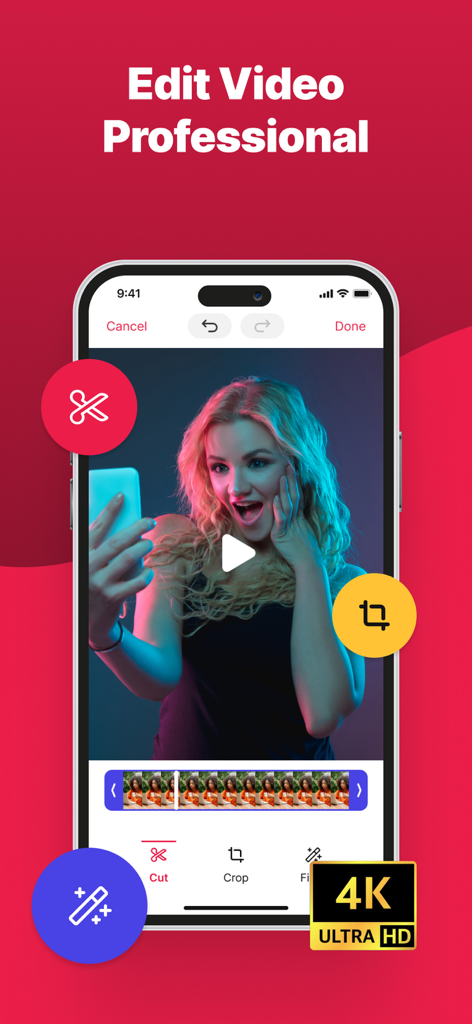 ClipCatch: Save & Edit Video - ClipCatch mobile app interface showing professional video editing tools and 4K Ultra HD quality
