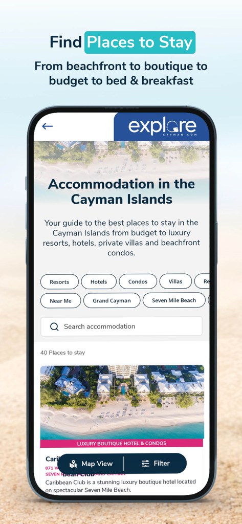 Explore Cayman - Search for luxury hotels and condos in the Cayman Islands using the Explore Cayman mobile app