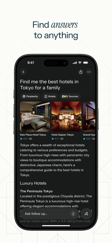 Perplexity AI mobile app screen showing search results for hotels in Tokyo with images and sources