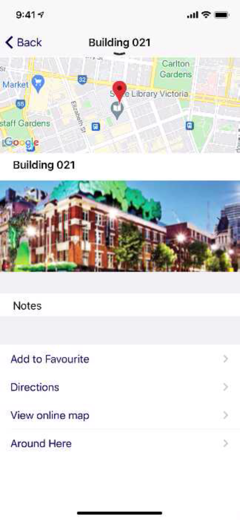 RMIT app - RMIT app interface with map and details for Building 021