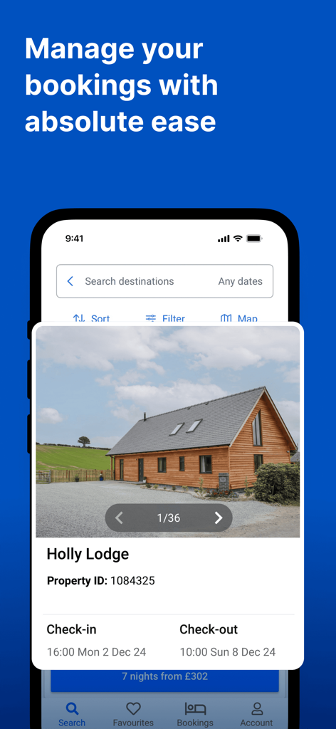 Sykes: Book Holidays You Love - Mobile app interface showing a holiday booking summary for Holly Lodge with property details and dates.