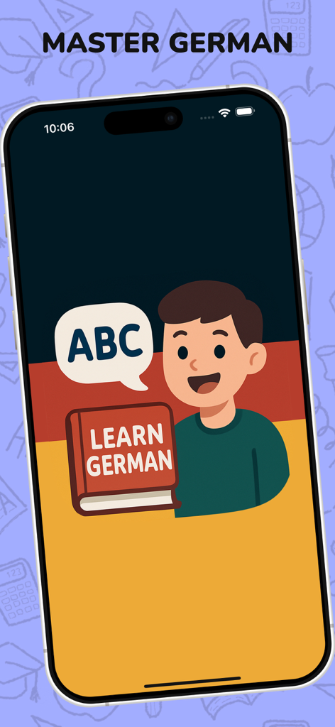 German Listening & Speaking - Una pantalla de teléfono inteligente que muestra la aplicación Master German con un personaje de dibujos animados sosteniendo un libro de Aprender alemán