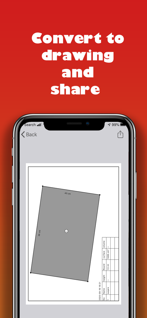 Ruler • - Una pantalla de smartphone mostrando un dibujo de plano de planta 2D con medidas y una tabla de datos.