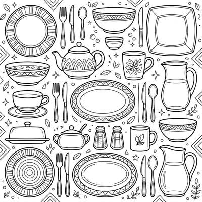 Get ready to set a colorful table with this exciting tableware and serveware coloring page, perfect for young artists. Your child will love bringing to life plates, bowls, cups, and more with their favorite crayons and markers.