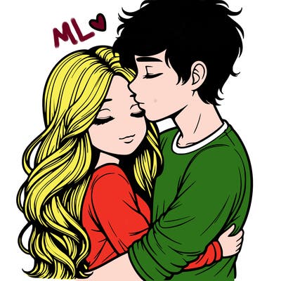 a realistic couple boy and girl hugging and kissing
