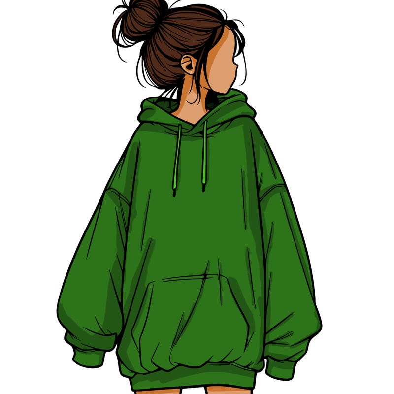 realistic girl with a oversized sweatshirt on and a bun