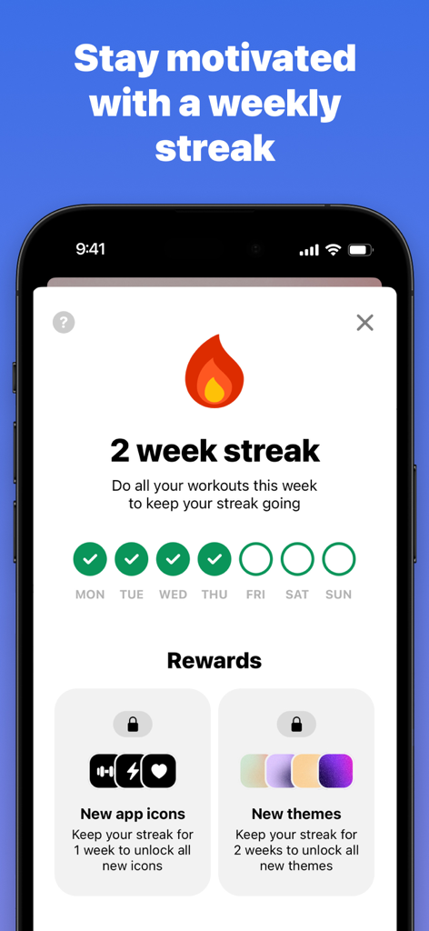 Fit.AI: ultra personal fitness - A mobile app screen showing a two week workout streak tracker and unlockable rewards for new icons and themes.
