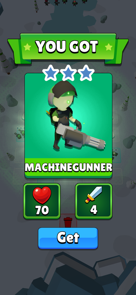 Machinegunner character card with stats in Army Merge Tank Master