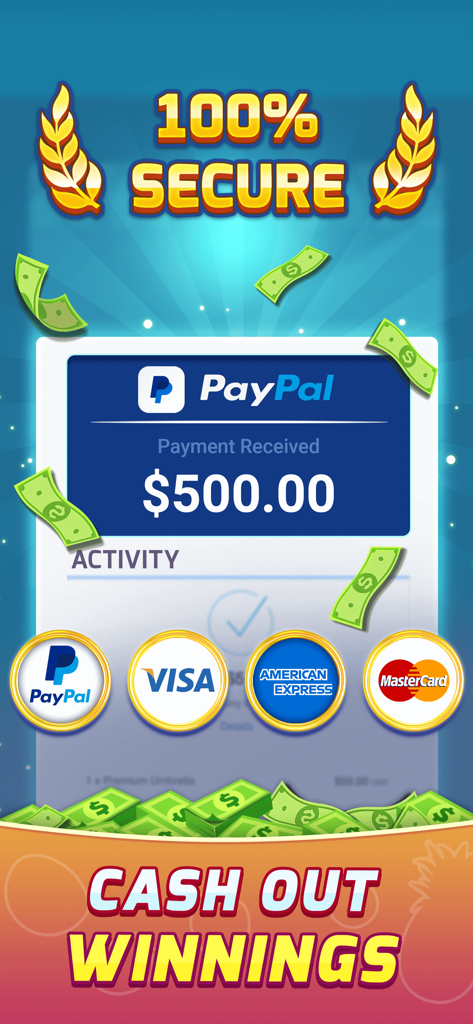Fruit Splash: Slice & Win Cash - A 100 percent secure cash out screen for Fruit Splash showing a 500 dollar PayPal payment and icons for Visa American Express and Mastercard
