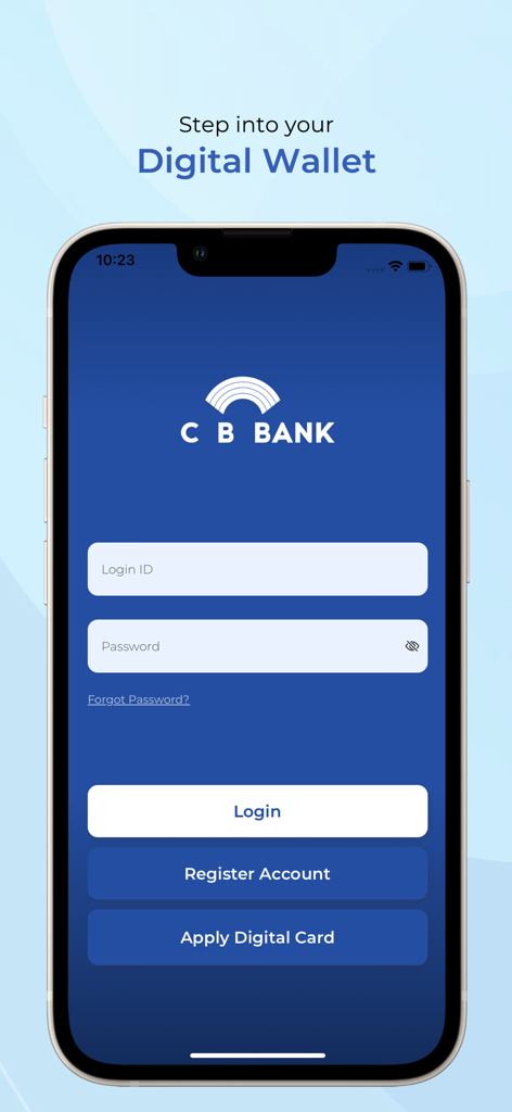 Pantalla de inicio de sesión de la aplicación CB Card Plus que muestra un mensaje de bienvenida a la billetera digital.