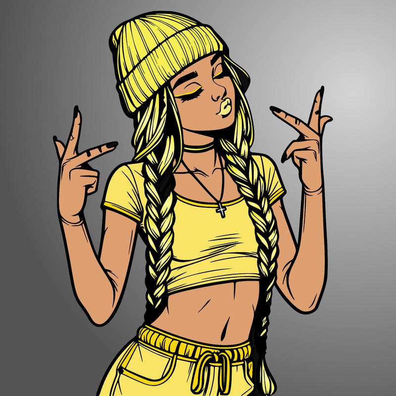 realistic teenage girl with braids and a beanie and crop top doing 🫶🏼