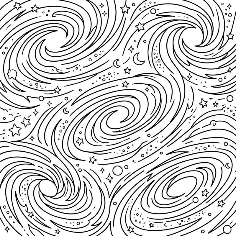 Unleash your child's creativity with this captivating galaxy spirals coloring page, designed especially for young explorers aged 4-8. They'll love bringing the swirling cosmic patterns, stars, and moons to life with their favorite colors.