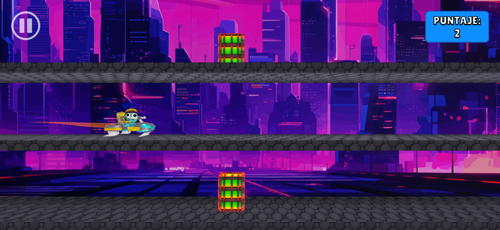 Personagem DOU pilotando um veículo através de uma cidade neon em um minijogo de rolagem lateral.
