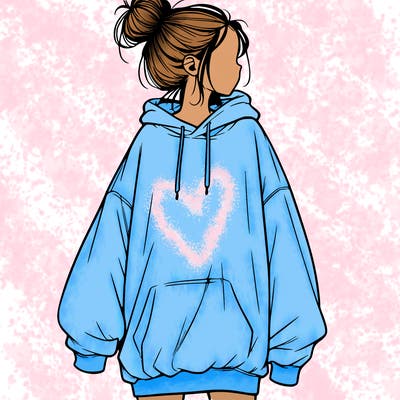 realistic girl with a oversized sweatshirt on and a bun