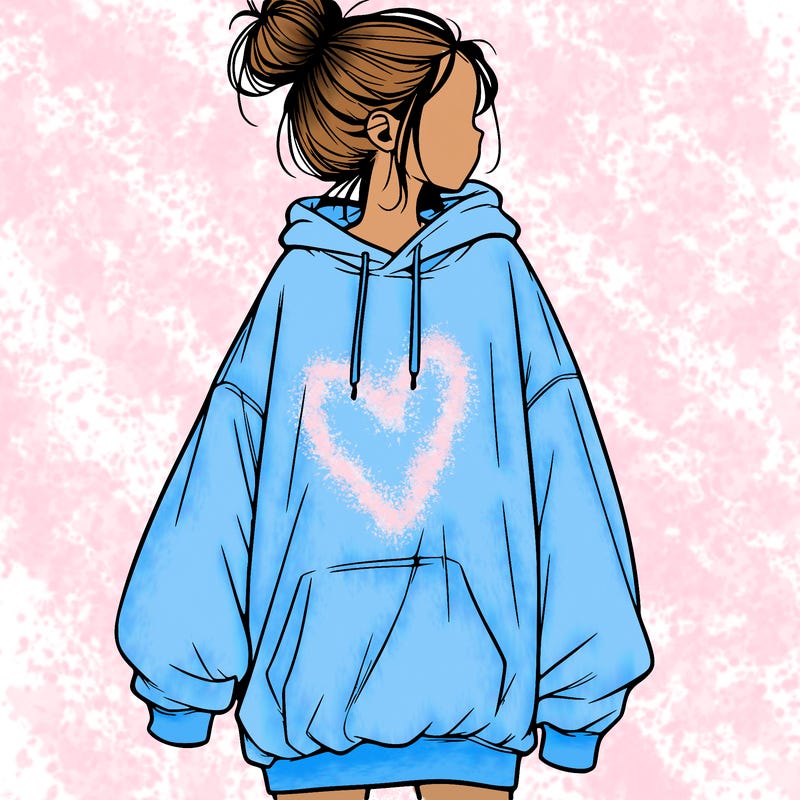 realistic girl with a oversized sweatshirt on and a bun