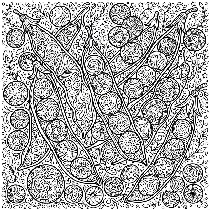 Dive into a world of intricate detail with this stunning adult coloring page featuring green beans and peas. Perfect for experienced colorists seeking mindful relaxation and a creative challenge.