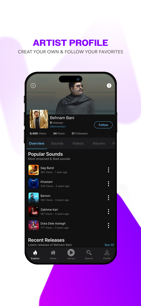 Karizo - Interface of Karizo music app showing an artist profile with a follow button and popular songs list