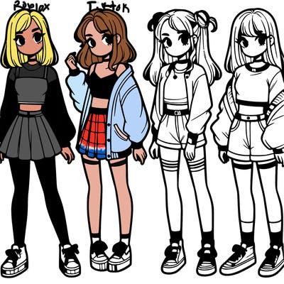 one girl with crop-top shirt and a jacket with a skirt, long socks and another girl with a shirt and pants with a jacket