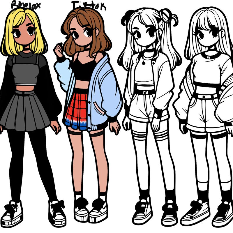 one girl with crop-top shirt and a jacket with a skirt, long socks and another girl with a shirt and pants with a jacket