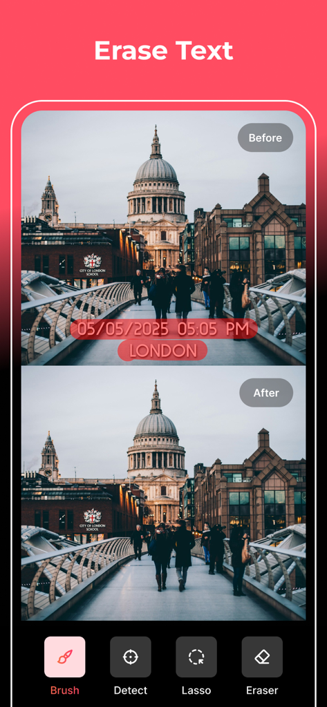 Before and after comparison showing the removal of a text timestamp from a photo of London using AI.