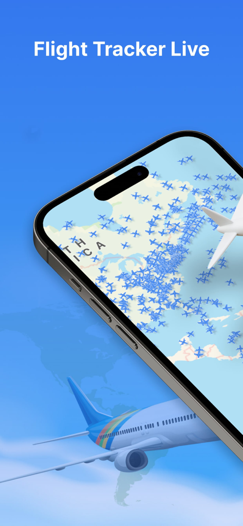 Schermata dell'iPhone che mostra una mappa di tracciamento voli globale in tempo reale con numerosi icone di aeromobili