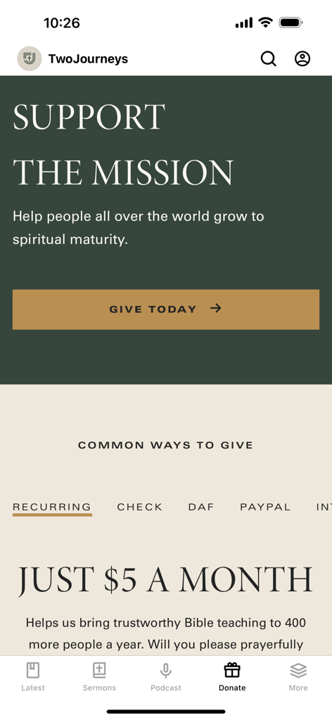 Two Journeys - Two Journeys app donation screen featuring support the mission call to action and recurring giving options