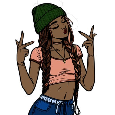 realistic teenage girl with braids and a beanie and crop top doing 🫶🏼