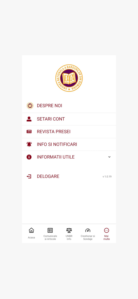 UNBR Info - Main menu interface of the UNBR Info app for legal professionals featuring account settings and press reviews