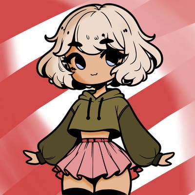 cute femboy with short, fluffy hair that softly frames their face, wearing a cropped hoodie, paired with a flouncy short skirt, and thigh-high stockings