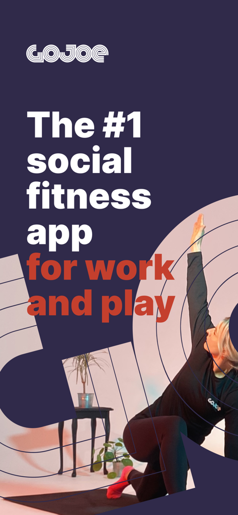 GoJoe social fitness app promotional banner featuring a woman in a yoga pose and the tagline The #1 social fitness app for work and play