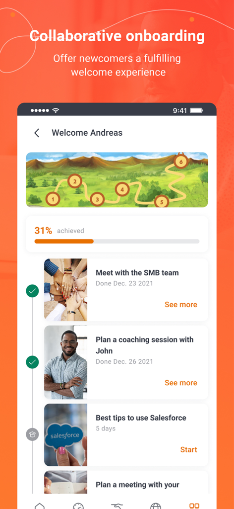Incenteev - Écran de l'application mobile Incenteev pour l'intégration collaborative des ventes, comprenant une feuille de route ludique et un suivi de la progression des tâches.