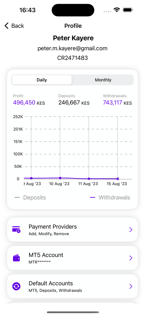 D-CASH - D-CASH app profile screen showing account stats and transaction graph