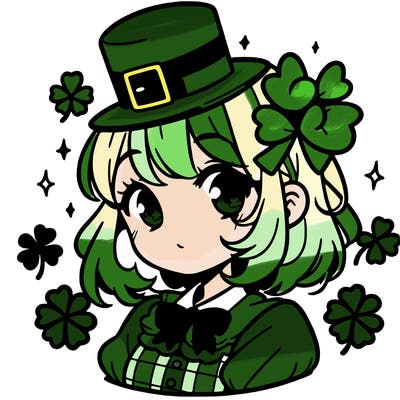 a manga-style girl with clovers around her, a little hat in her hair, like it's saint patrick's day