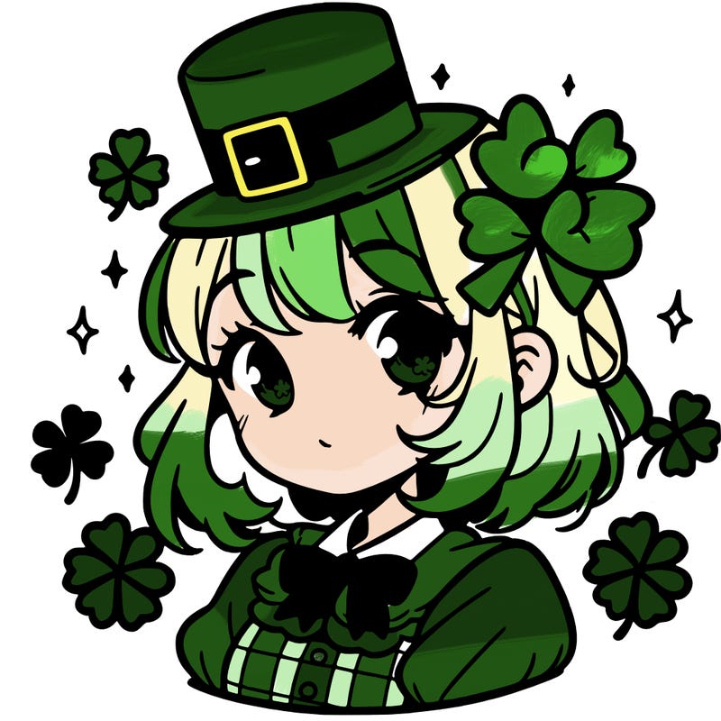 a manga-style girl with clovers around her, a little hat in her hair, like it's saint patrick's day