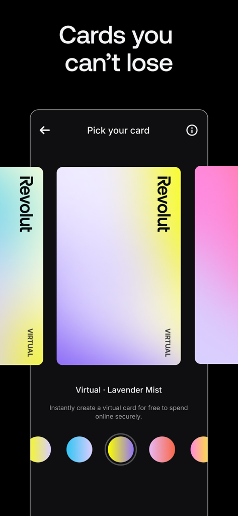 Interfaz de la aplicación Revolut para finanzas de adolescentes que muestra una selección de coloridas tarjetas de débito virtuales para gastos seguros en línea