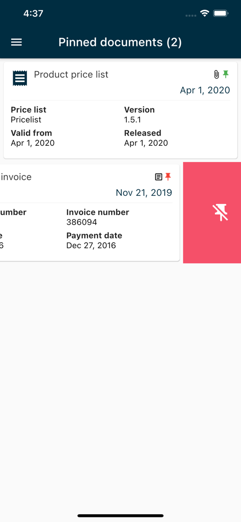 Next® Go - Interfaz de la aplicación Next Go que muestra una lista de documentos fijados, incluyendo una lista de precios y una factura con una acción de deslizar para desanclar.