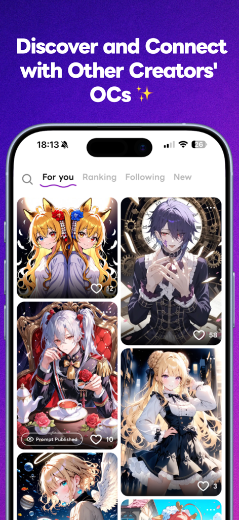 Interfaz de la aplicación Days AI que muestra un feed de personajes originales de anime creados por usuarios.