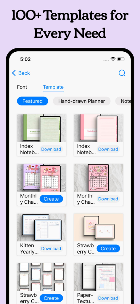 Freenotes: AI Notes Taking - A library showing various aesthetic digital planner and notebook templates within the Freenotes app interface.