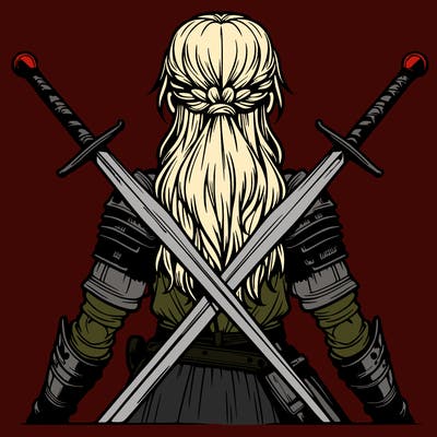 very realistic warrior girl with swords behind her back