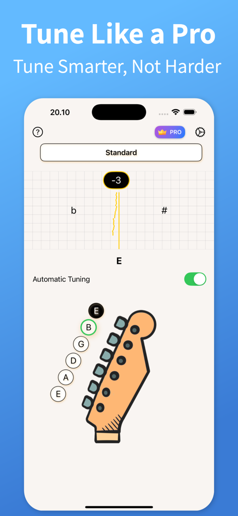 Electric Guitar Tuner ™ - Electric guitar tuner app screen showing standard tuning and pitch detection interface