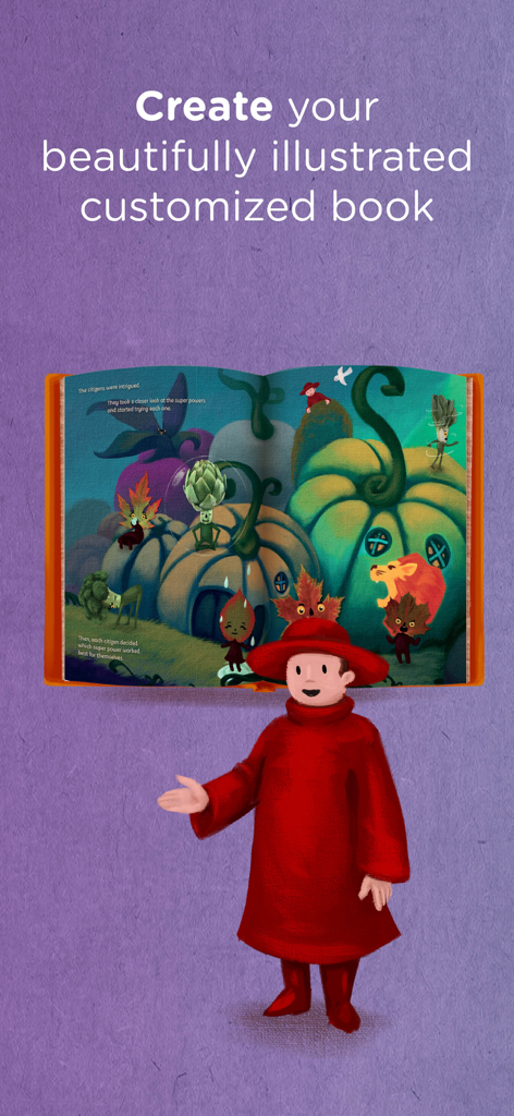 A character in a red cloak presenting a beautifully illustrated and customized digital storybook about emotions.