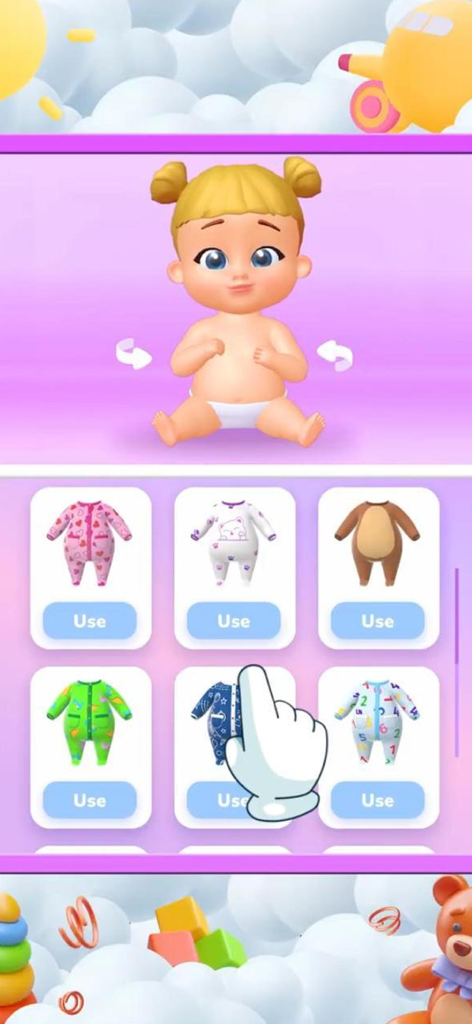 My Baby Care: Virtual Dress Up - Interface of the My Baby Care app showing a virtual baby and a selection of colorful onesies to choose from