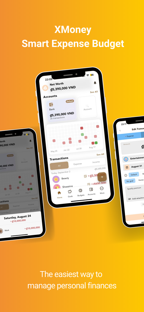 XMoney: All Your Money Moves - Smartphone screens displaying the XMoney personal finance app interface for tracking expenses and managing budgets