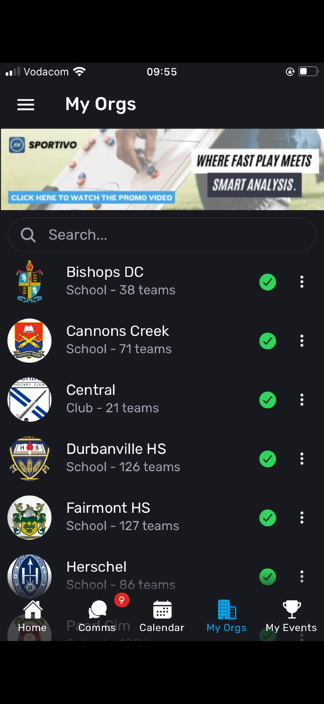 Sportivo Mobile - Screenshot of the My Orgs screen in Sportivo Mobile showing a list of schools and sports clubs