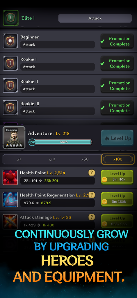 Menu do jogo Weapon Master Idle para atualizar níveis de heróis e estatísticas de personagens como saúde e ataque