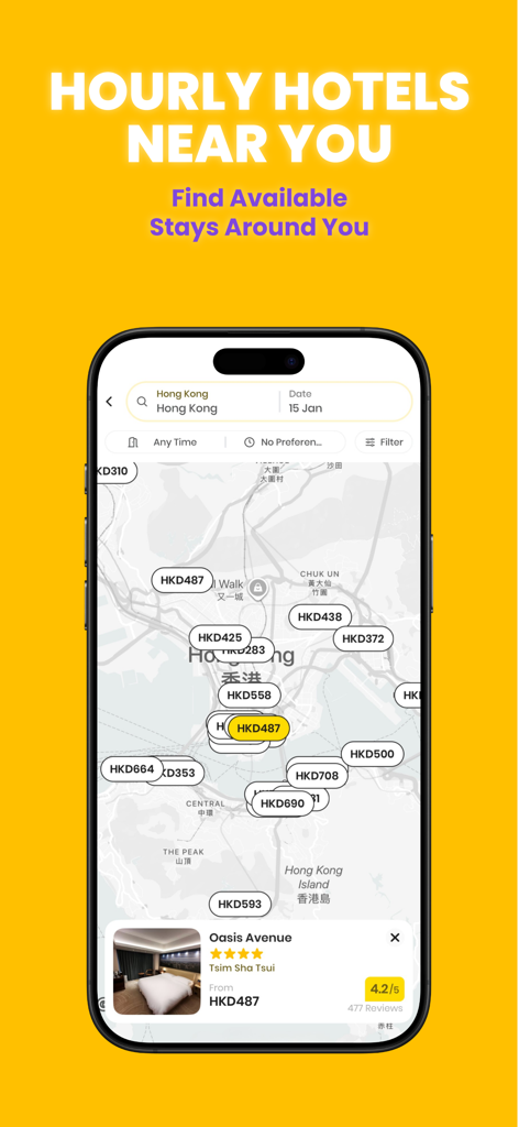 Flow Hotel & Workspace by Hour - Vista mappa dell'app Flow che mostra hotel disponibili ad ore e prezzi.