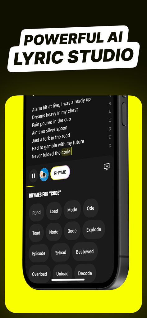 Lyric Studio - Rap Rhyme Maker - Interfaz de la aplicación Lyric Studio mostrando sugerencias de rimas de IA para escribir canciones
