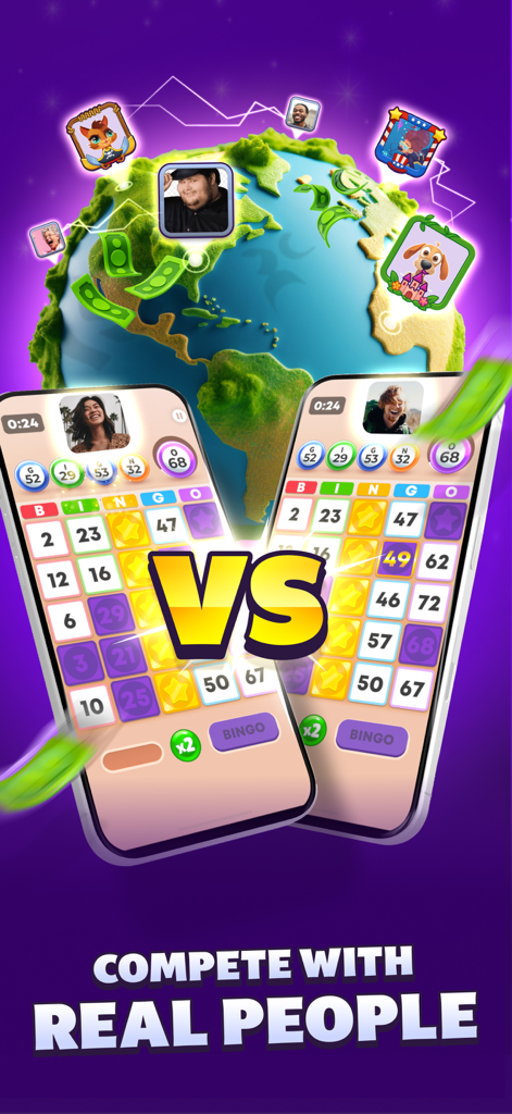 Two mobile phones showing a head to head bingo match between real players over a global map background